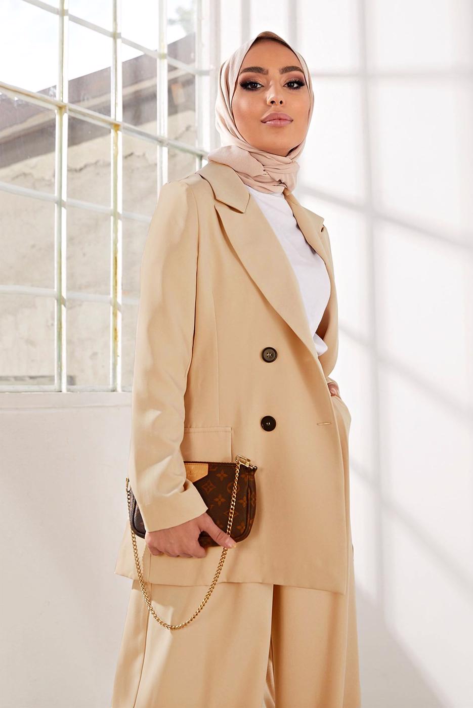 Tesettür giyim KAHVE KRUVAZE YAKA İKİLİ PANT. TAKIM 2900 
