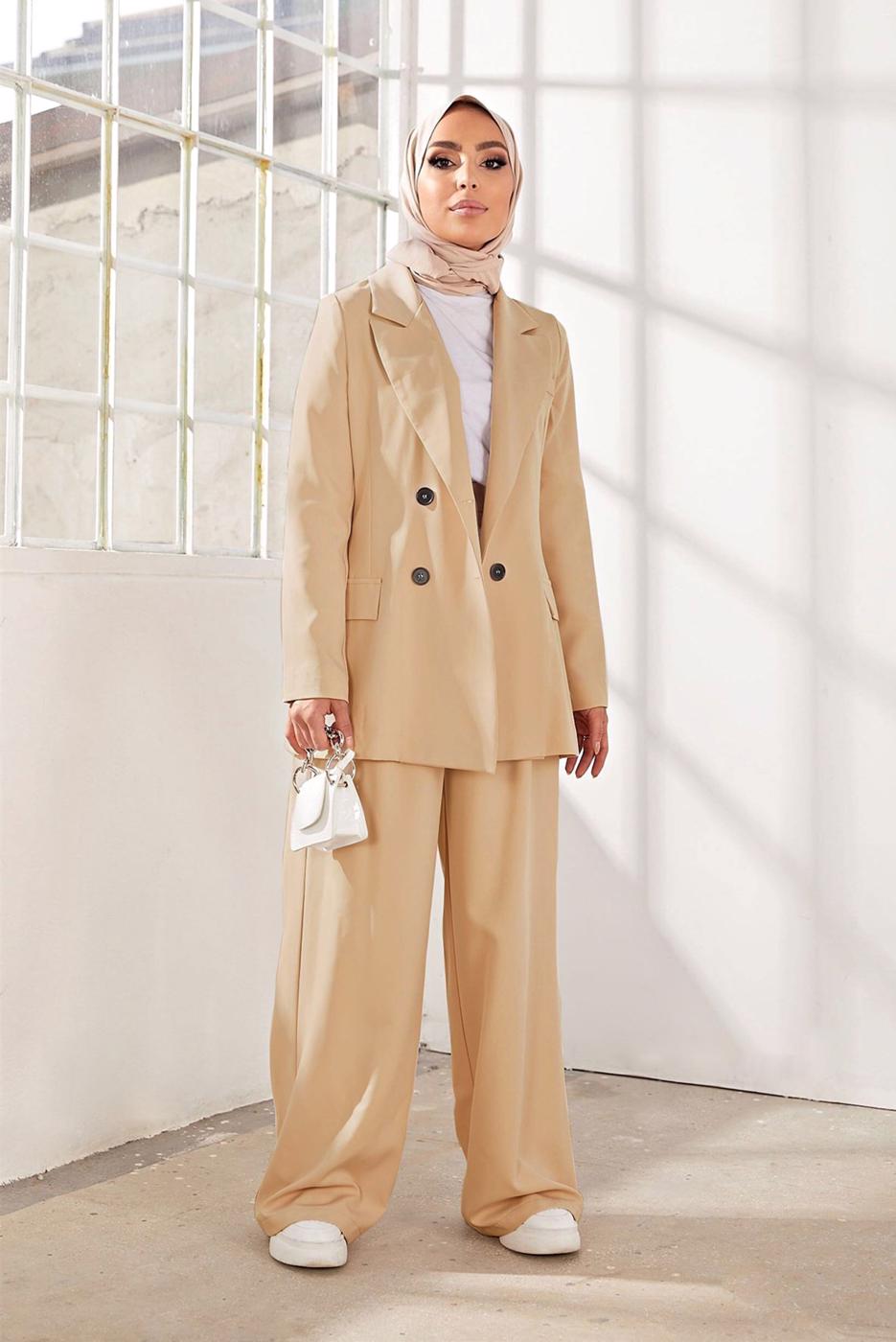 Tesettür giyim KAHVE KRUVAZE YAKA İKİLİ PANT. TAKIM 2900 