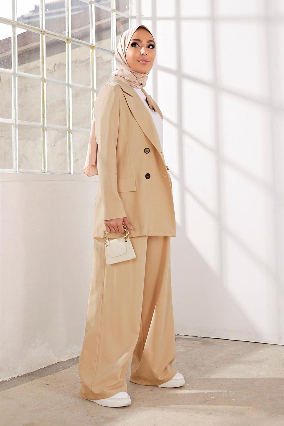 Tesettür giyim KAHVE KRUVAZE YAKA İKİLİ PANT. TAKIM 2900 