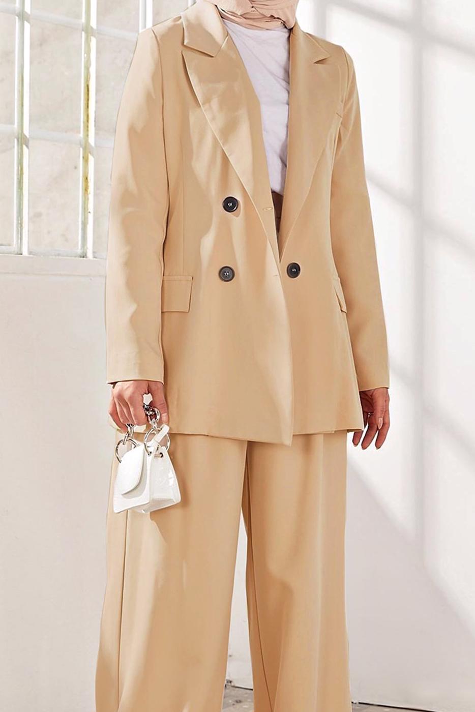 Tesettür giyim KAHVE KRUVAZE YAKA İKİLİ PANT. TAKIM 2900 