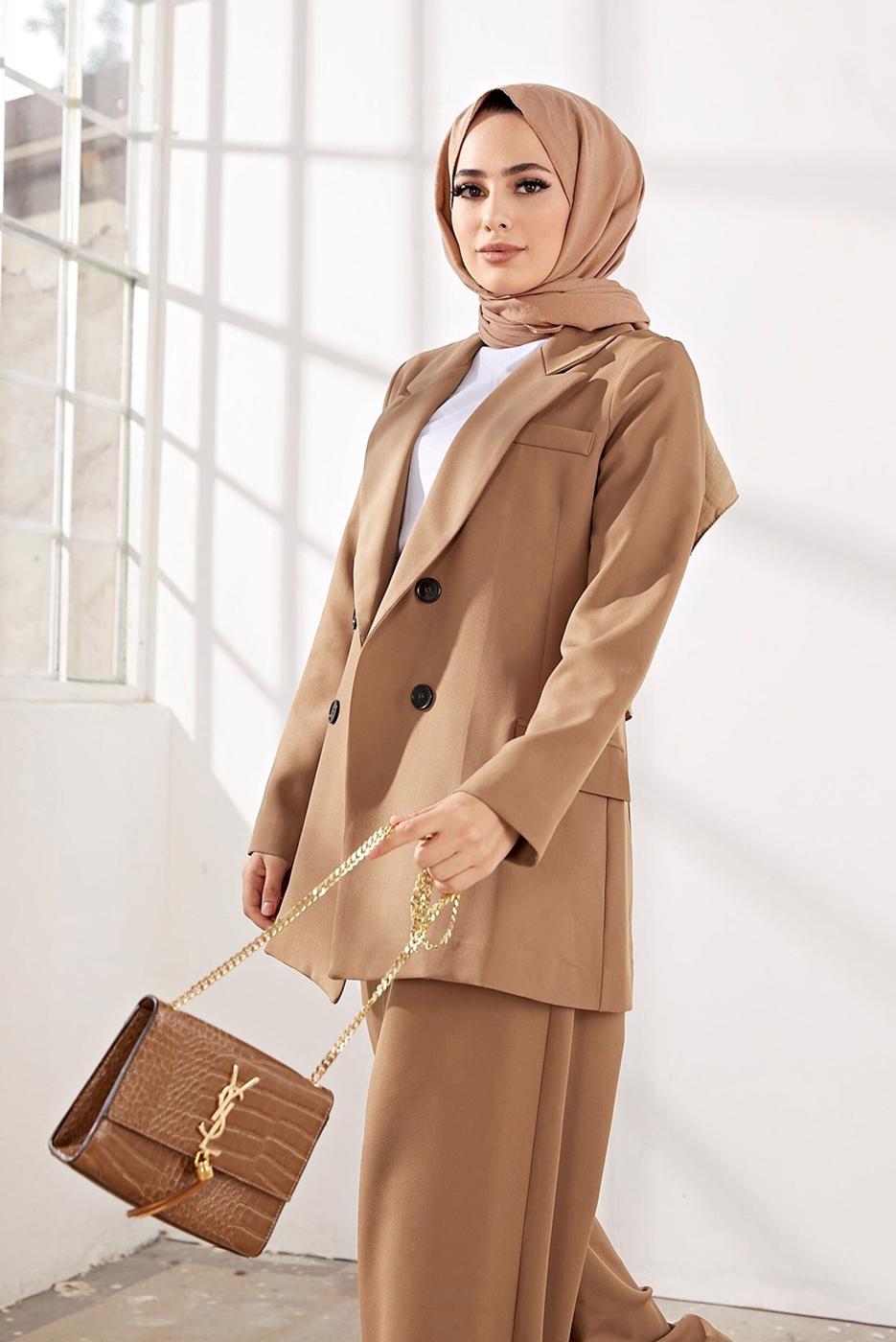 Tesettür giyim KAHVE KRUVAZE YAKA İKİLİ PANT. TAKIM 2900 
