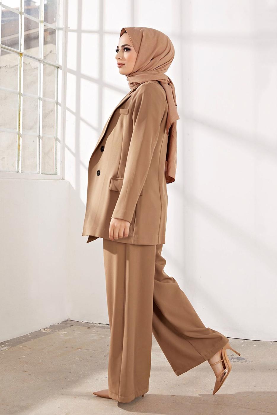 Tesettür giyim KAHVE KRUVAZE YAKA İKİLİ PANT. TAKIM 2900 