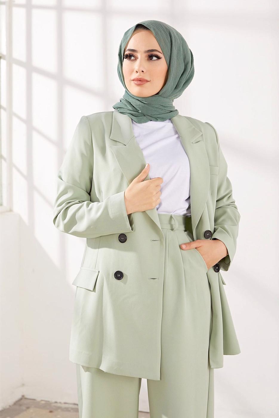 Hijab clothing GREEN DOUBLE BREASTED 2-PIECE SUIT WITH PANTS 2900 