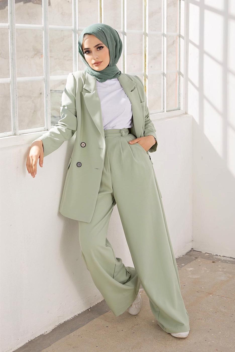 Hijab clothing GREEN DOUBLE BREASTED 2-PIECE SUIT WITH PANTS 2900 
