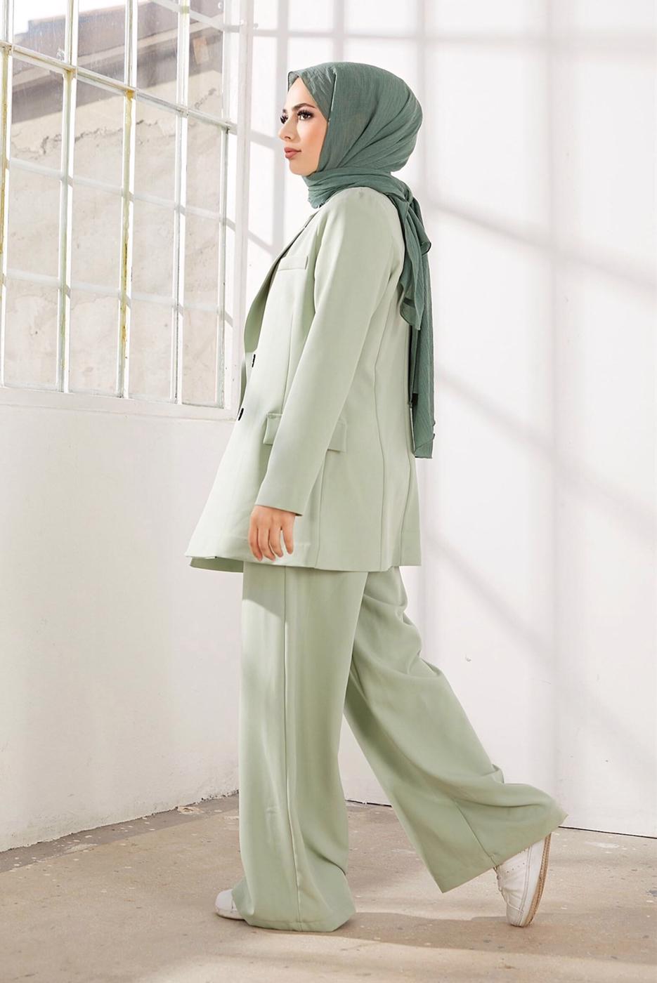 Hijab clothing GREEN DOUBLE BREASTED 2-PIECE SUIT WITH PANTS 2900 