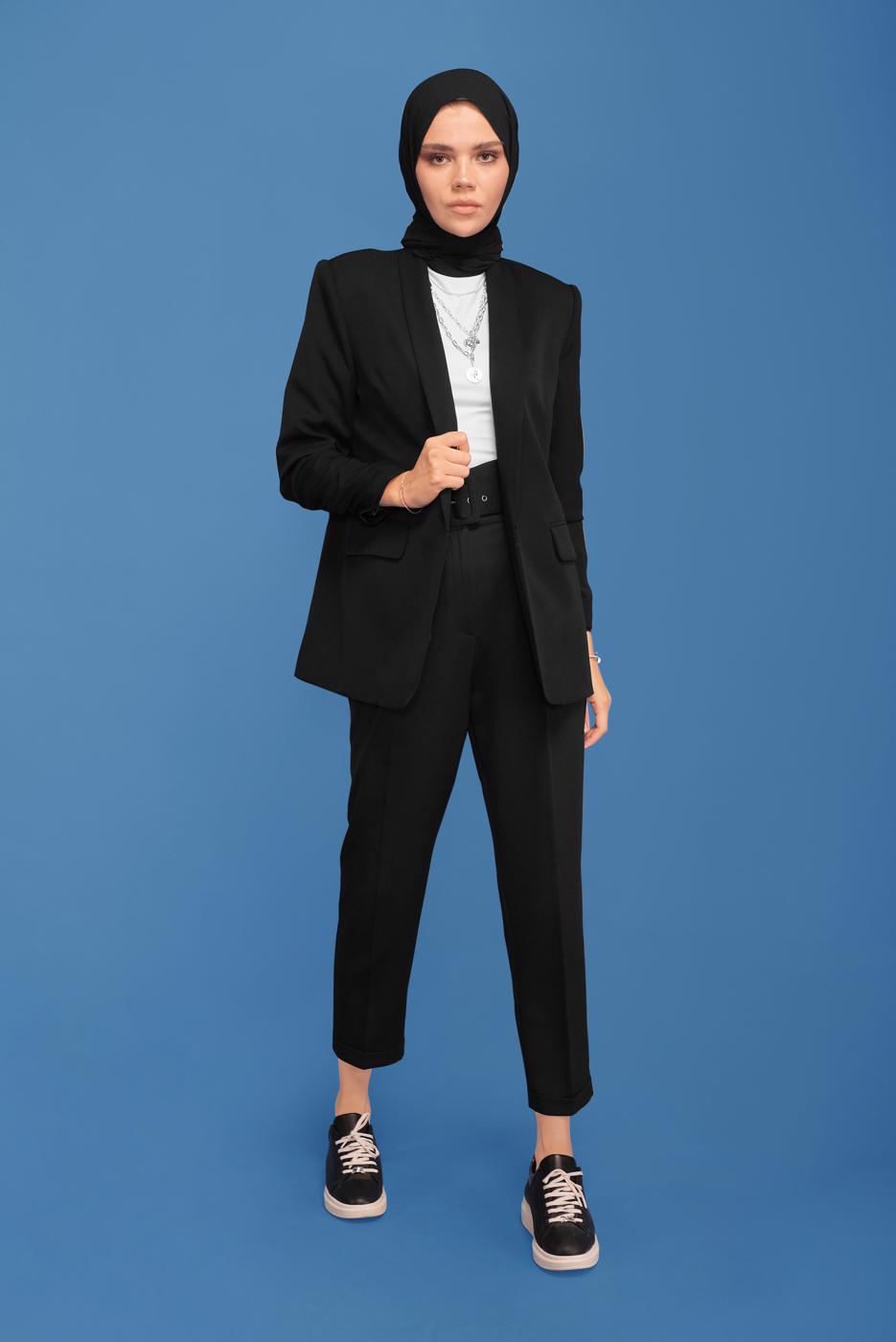 Tesettür giyim SİYAH ALVİNA KOLU LASTİKLİ İKİLİ PANTOLONLU TAKIM T 30129