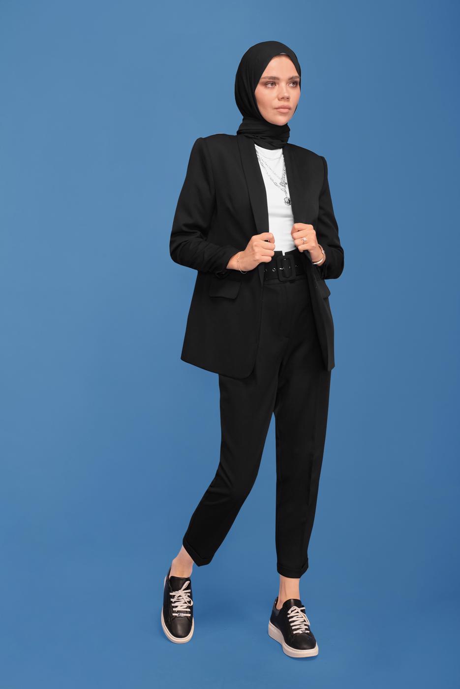 Tesettür giyim SİYAH ALVİNA KOLU LASTİKLİ İKİLİ PANTOLONLU TAKIM T 30129