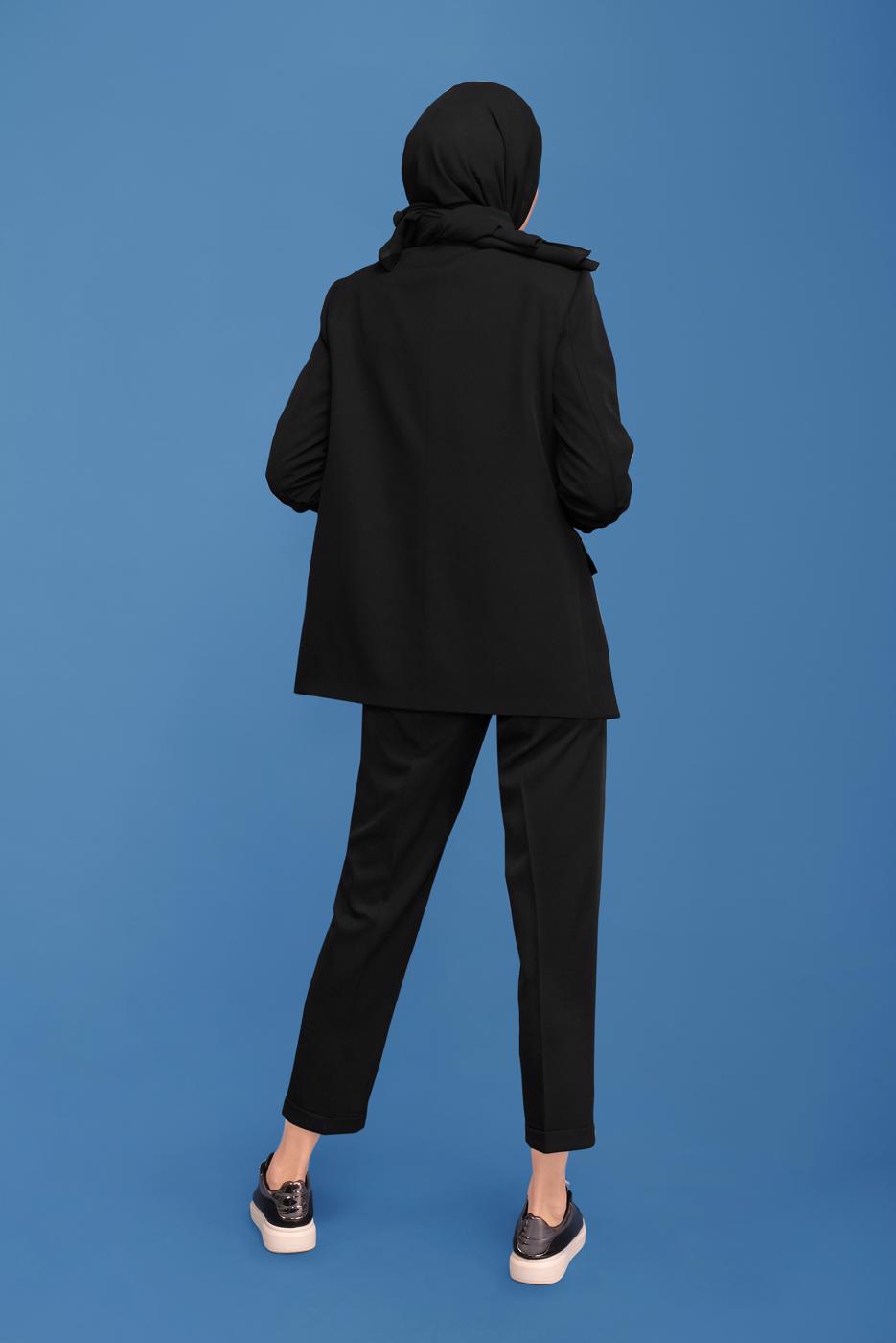 Tesettür giyim SİYAH ALVİNA KOLU LASTİKLİ İKİLİ PANTOLONLU TAKIM T 30129