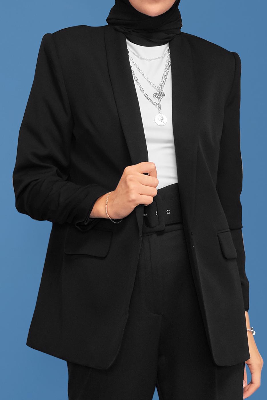 Tesettür giyim SİYAH ALVİNA KOLU LASTİKLİ İKİLİ PANTOLONLU TAKIM T 30129