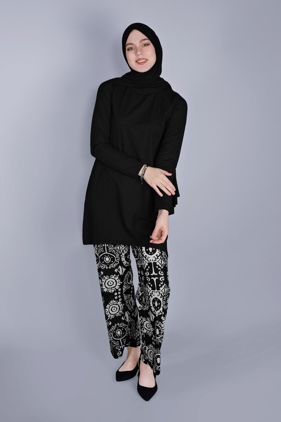 Tesettür giyim SİYAH DESENLİ PANTOLONLU TAKIM  3176