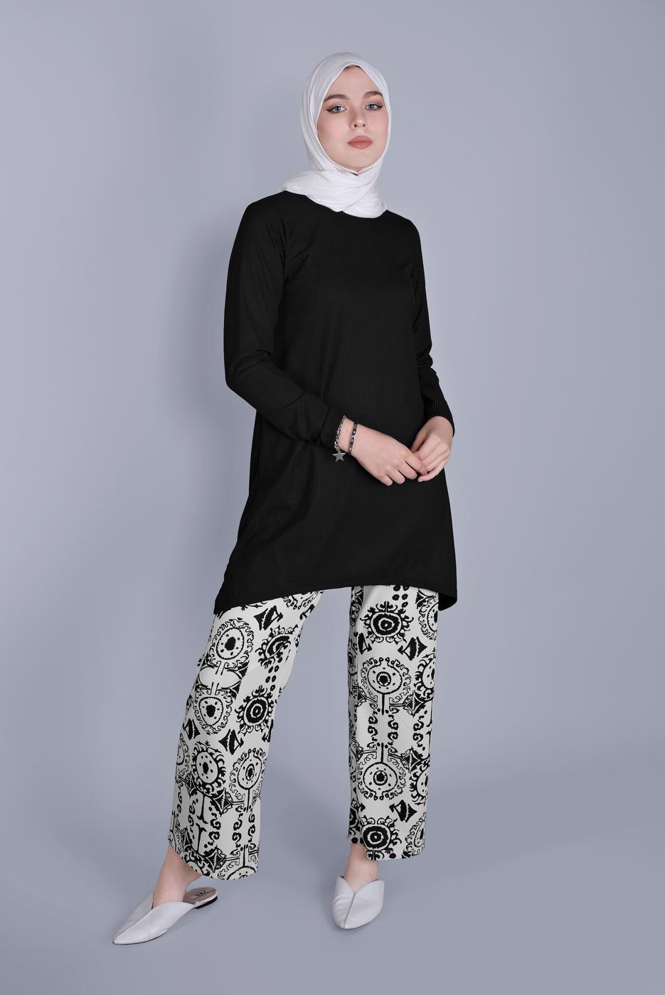 Tesettür giyim KREM DESENLİ PANTOLONLU TAKIM  3176