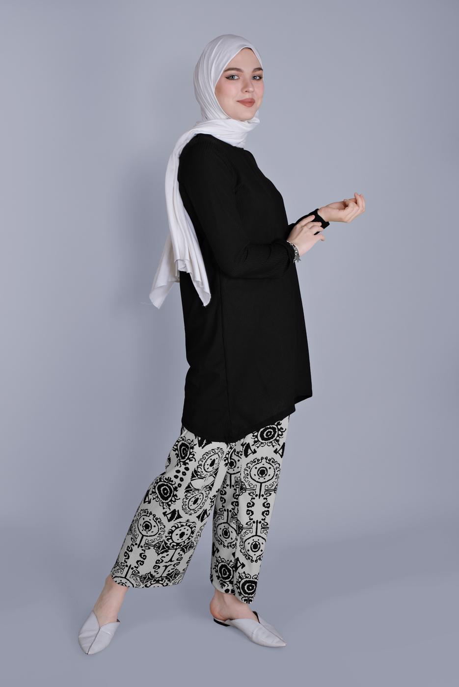Tesettür giyim KREM DESENLİ PANTOLONLU TAKIM  3176