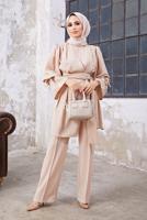 Tesettür giyim BEJ KOL VE BEL DETAYLI ASİMETRİK KESİM PANTOLONLU TAKIM 3210 