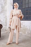 Tesettür giyim BEJ KOL VE BEL DETAYLI ASİMETRİK KESİM PANTOLONLU TAKIM 3210 