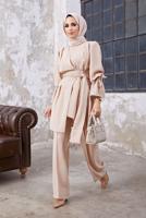 Tesettür giyim BEJ KOL VE BEL DETAYLI ASİMETRİK KESİM PANTOLONLU TAKIM 3210 