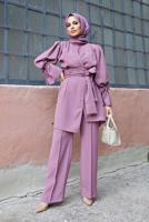 Tesettür giyim PEMBE KOL VE BEL DETAYLI ASİMETRİK KESİM PANTOLONLU TAKIM 3210 