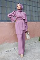 Tesettür giyim PEMBE KOL VE BEL DETAYLI ASİMETRİK KESİM PANTOLONLU TAKIM 3210 
