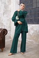 Tesettür giyim YEŞİL KOL VE BEL DETAYLI ASİMETRİK KESİM PANTOLONLU TAKIM 3210 