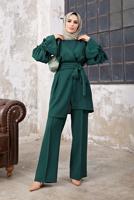 Tesettür giyim YEŞİL KOL VE BEL DETAYLI ASİMETRİK KESİM PANTOLONLU TAKIM 3210 