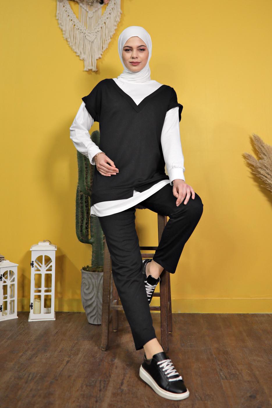 Tesettür giyim SİYAH İKİLİ GÖRÜNÜM DETAYLI PANTOLONLU TAKIM  4066 