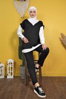 Tesettür giyim SİYAH İKİLİ GÖRÜNÜM DETAYLI PANTOLONLU TAKIM  4066 