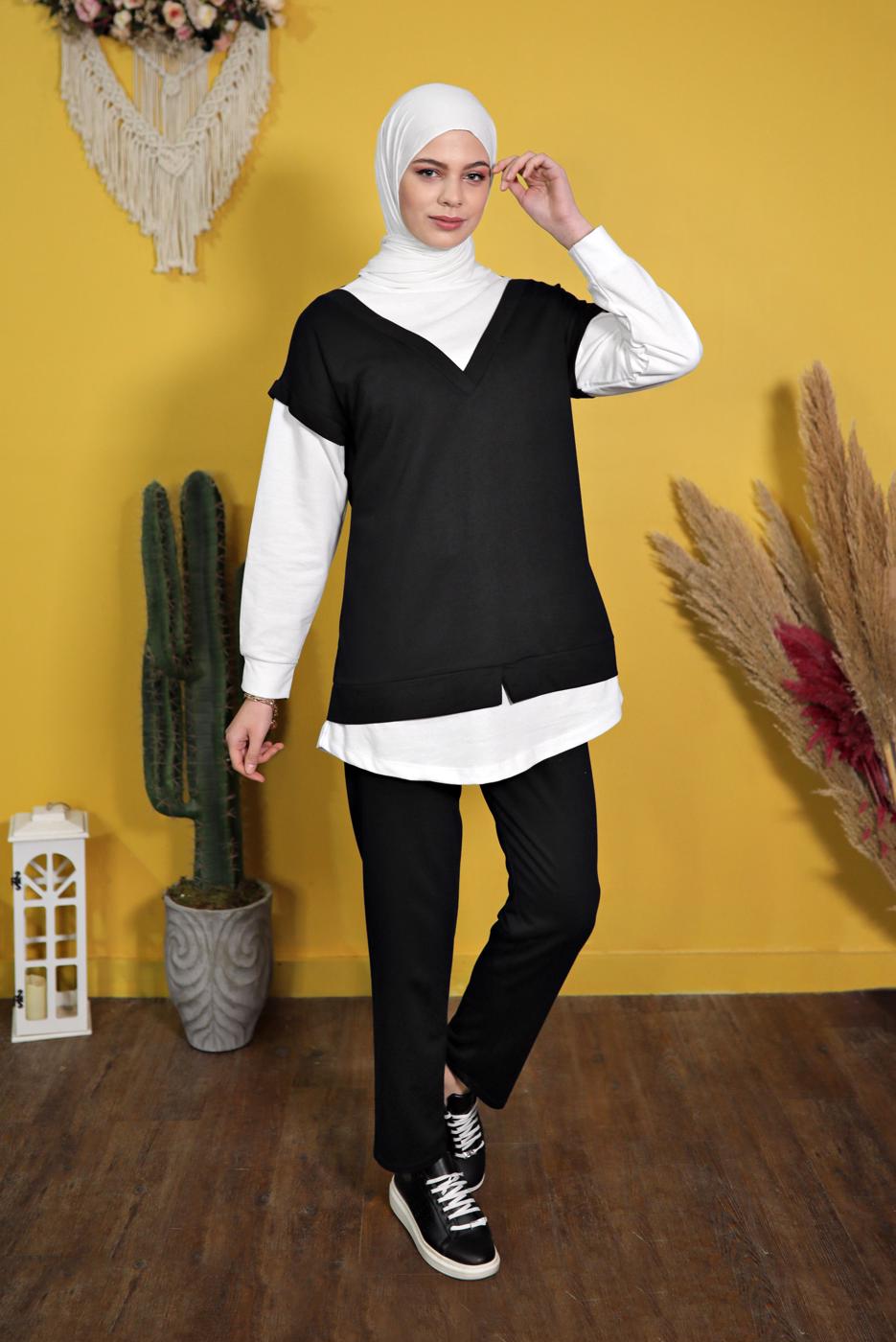 Tesettür giyim SİYAH İKİLİ GÖRÜNÜM DETAYLI PANTOLONLU TAKIM  4066 
