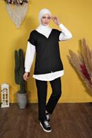 Tesettür giyim SİYAH İKİLİ GÖRÜNÜM DETAYLI PANTOLONLU TAKIM  4066 