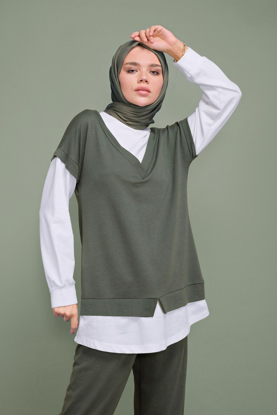 Tesettür giyim HAKİ İKİLİ GÖRÜNÜM DETAYLI PANTOLONLU TAKIM  4066 