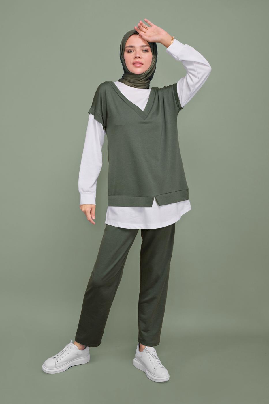 Tesettür giyim HAKİ İKİLİ GÖRÜNÜM DETAYLI PANTOLONLU TAKIM  4066 