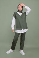 Tesettür giyim HAKİ İKİLİ GÖRÜNÜM DETAYLI PANTOLONLU TAKIM  4066 