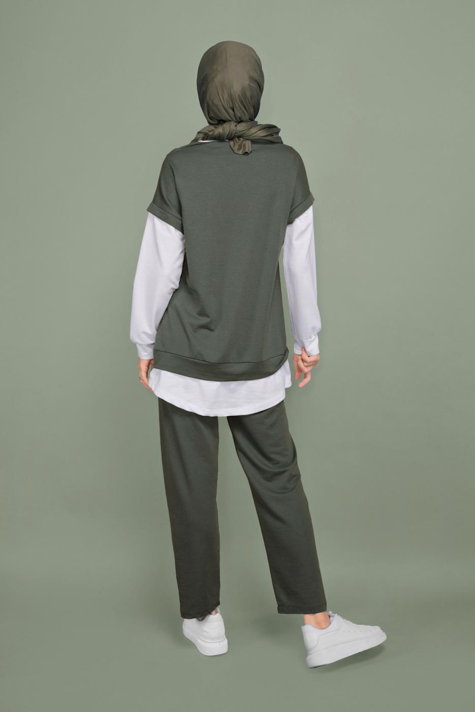 Tesettür giyim HAKİ İKİLİ GÖRÜNÜM DETAYLI PANTOLONLU TAKIM  4066 