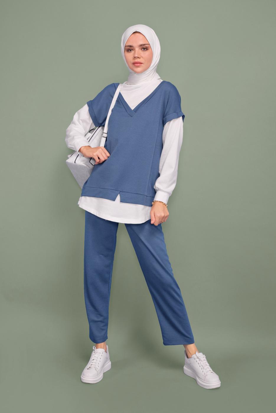 Tesettür giyim LACİVERT İKİLİ GÖRÜNÜM DETAYLI PANTOLONLU TAKIM  4066 