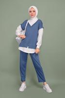 Tesettür giyim LACİVERT İKİLİ GÖRÜNÜM DETAYLI PANTOLONLU TAKIM  4066 