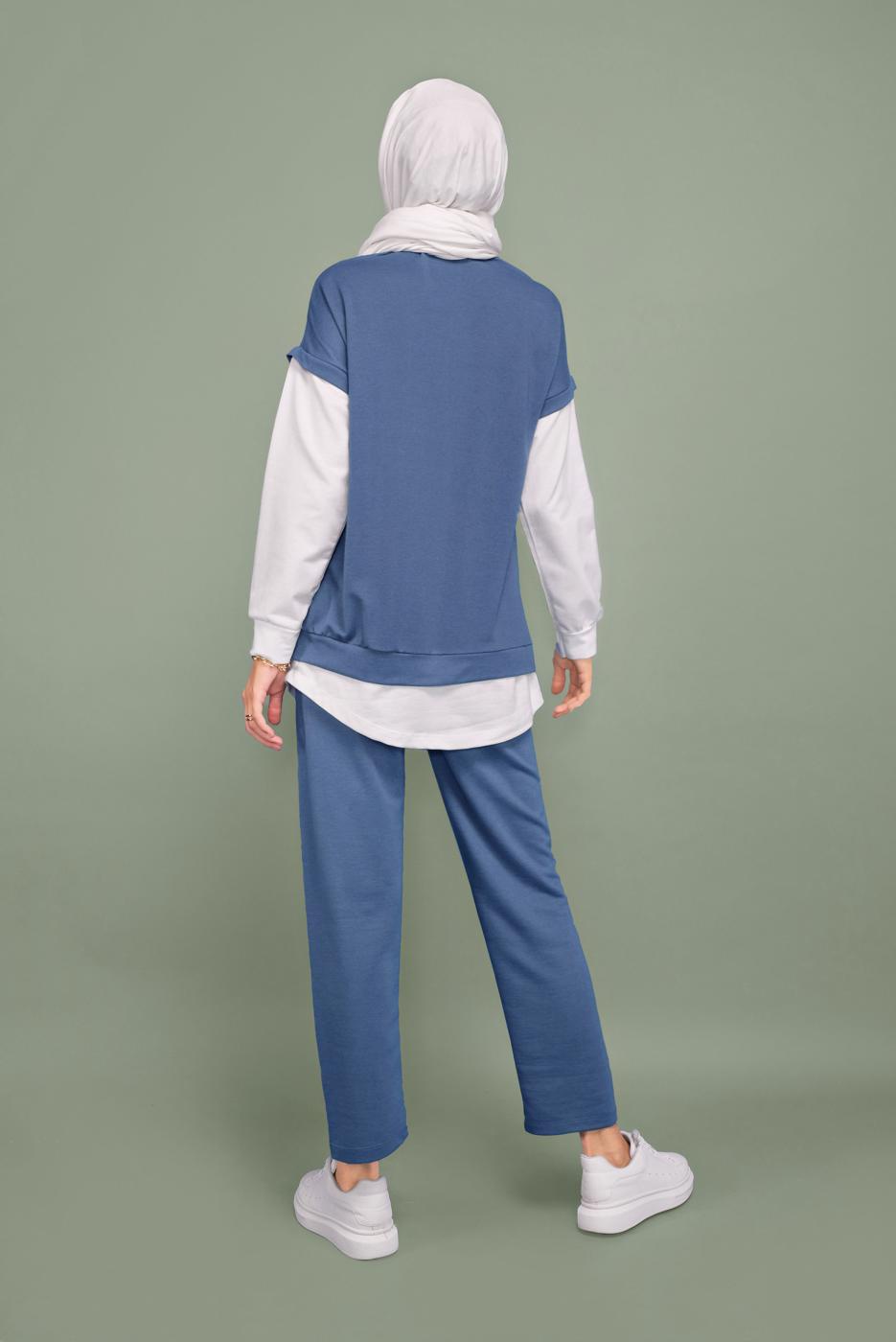 Tesettür giyim LACİVERT İKİLİ GÖRÜNÜM DETAYLI PANTOLONLU TAKIM  4066 