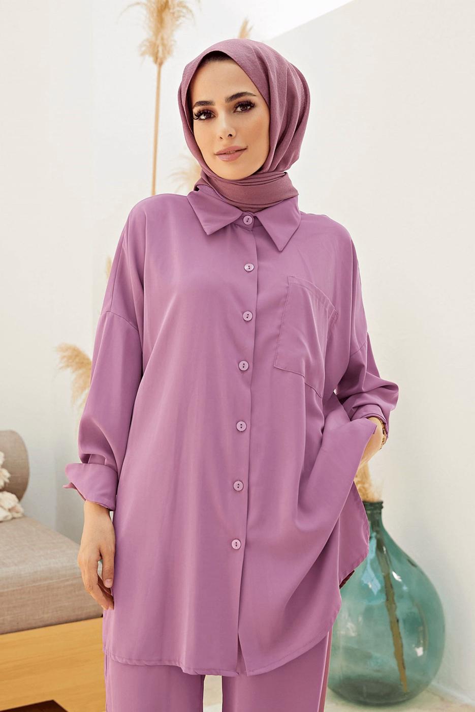 Tesettür giyim PEMBE DÜĞMELİ MANŞETLERİ LASTİKLİ PANTOLONLU TAKIM  T 4500 