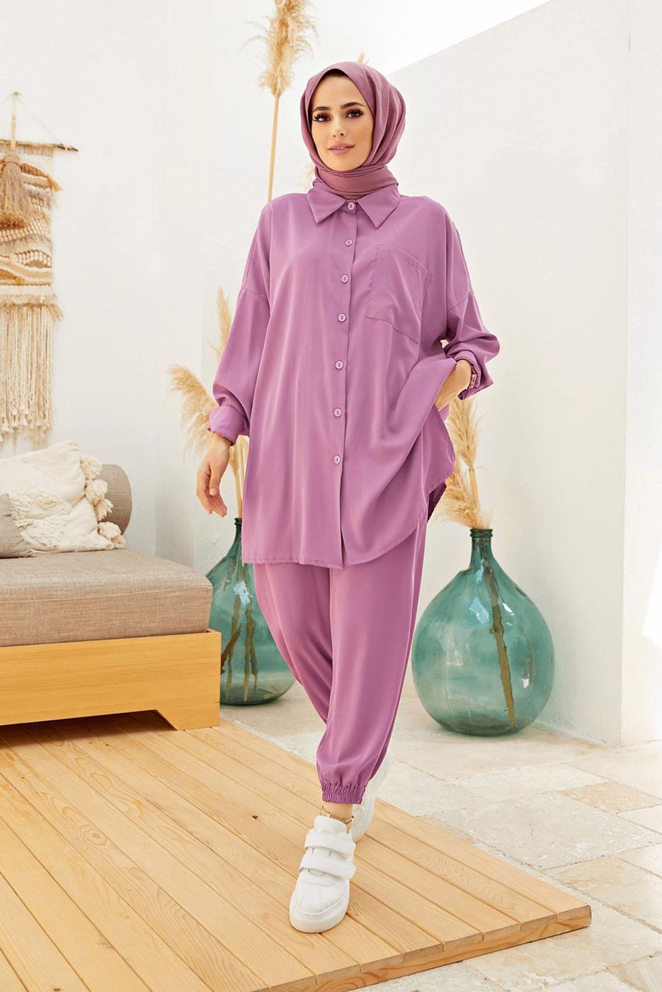 Tesettür giyim PEMBE DÜĞMELİ MANŞETLERİ LASTİKLİ PANTOLONLU TAKIM  T 4500 