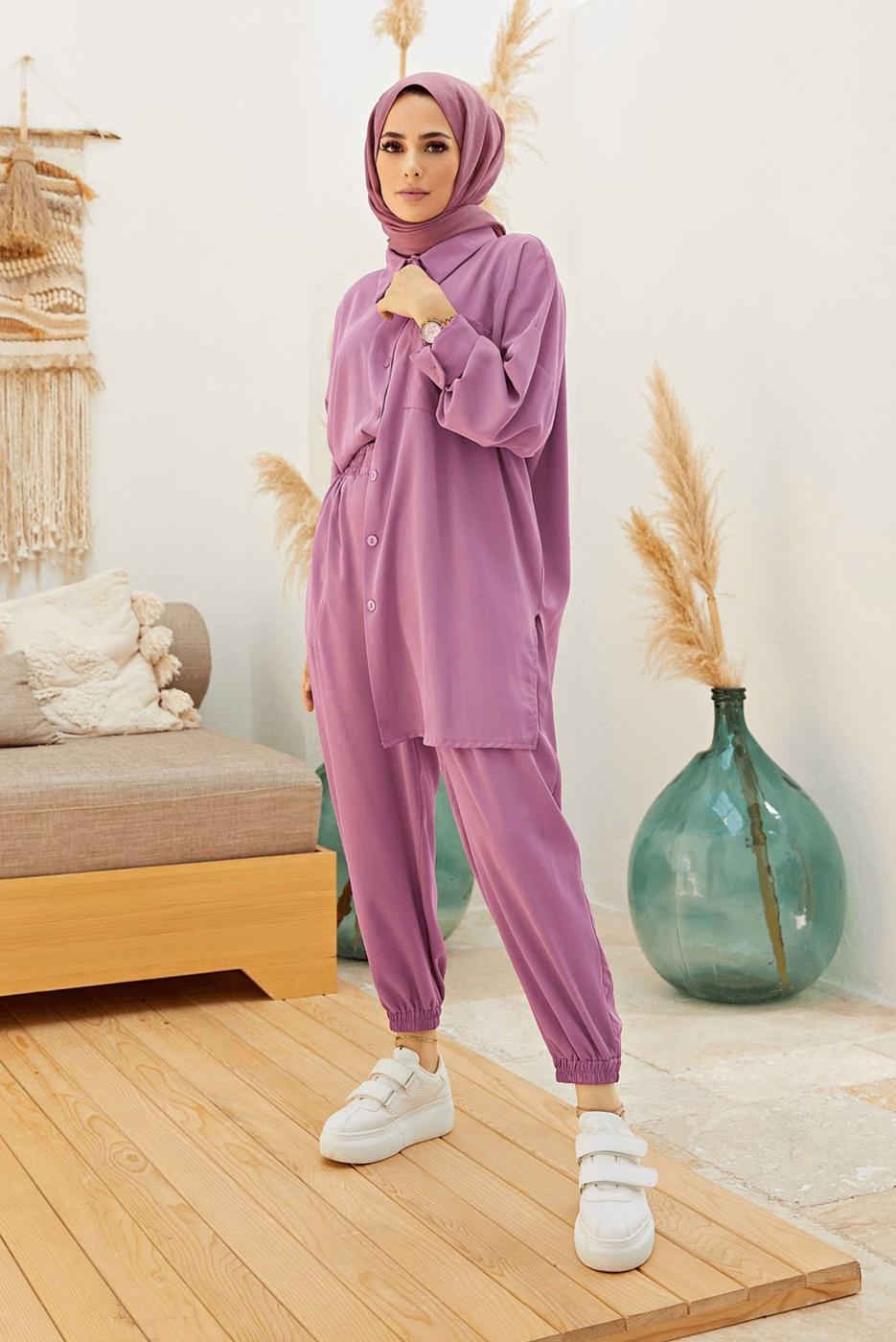 Tesettür giyim PEMBE DÜĞMELİ MANŞETLERİ LASTİKLİ PANTOLONLU TAKIM  T 4500 
