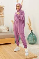 Tesettür giyim PEMBE DÜĞMELİ MANŞETLERİ LASTİKLİ PANTOLONLU TAKIM  T 4500 