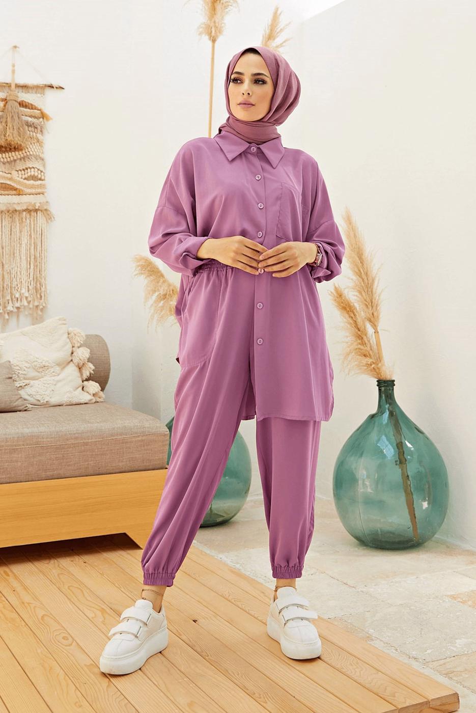 Tesettür giyim PEMBE DÜĞMELİ MANŞETLERİ LASTİKLİ PANTOLONLU TAKIM  T 4500 
