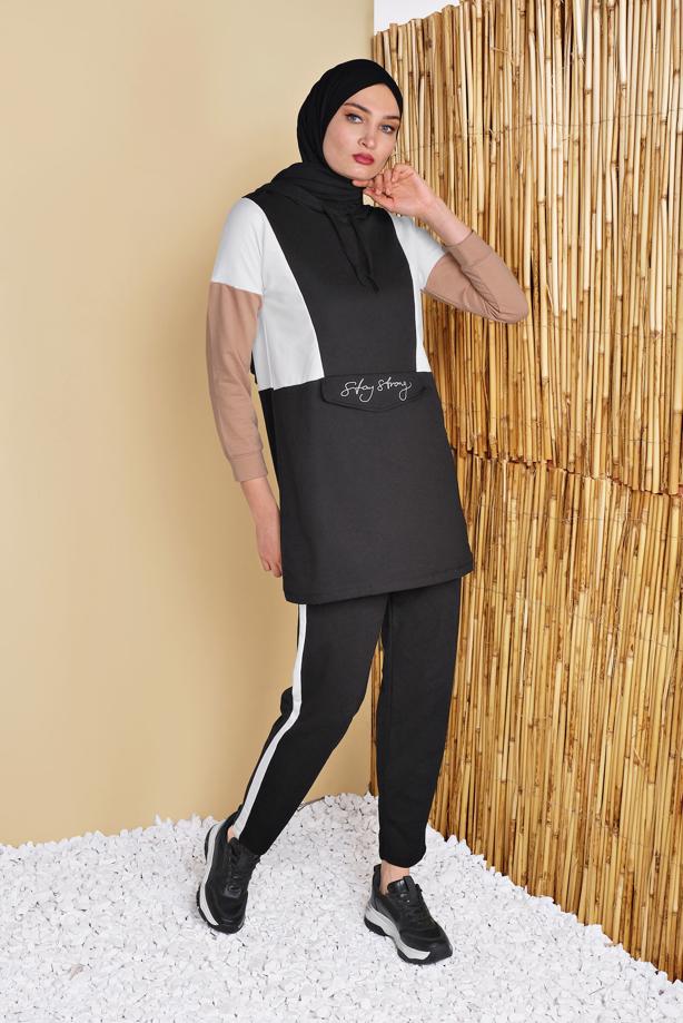 Vêtements hijab  PRINT DETAIL TRACKSUIT SET WITH PANTS 4555  - TRENDTESETTÜR
