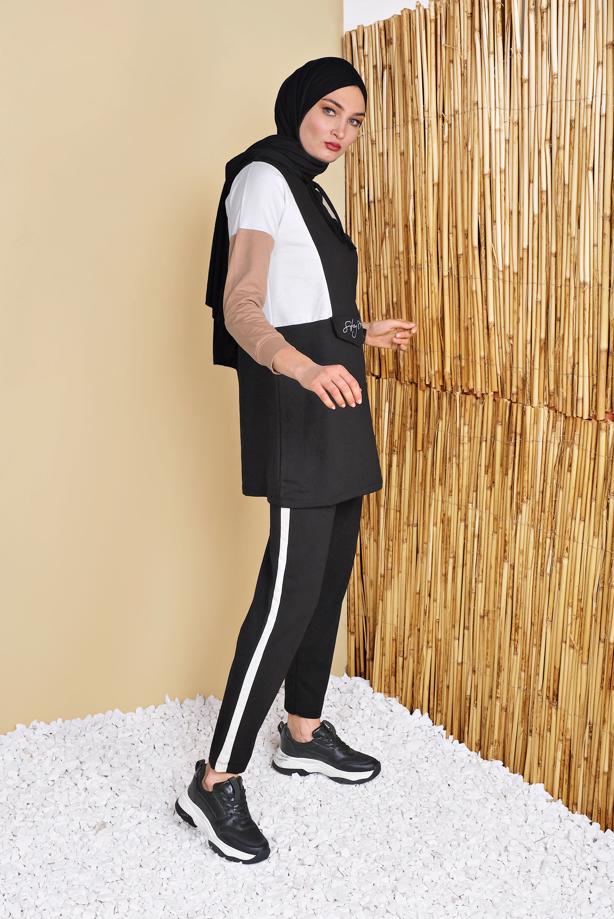 Vêtements hijab  PRINT DETAIL TRACKSUIT SET WITH PANTS 4555  - TRENDTESETTÜR
