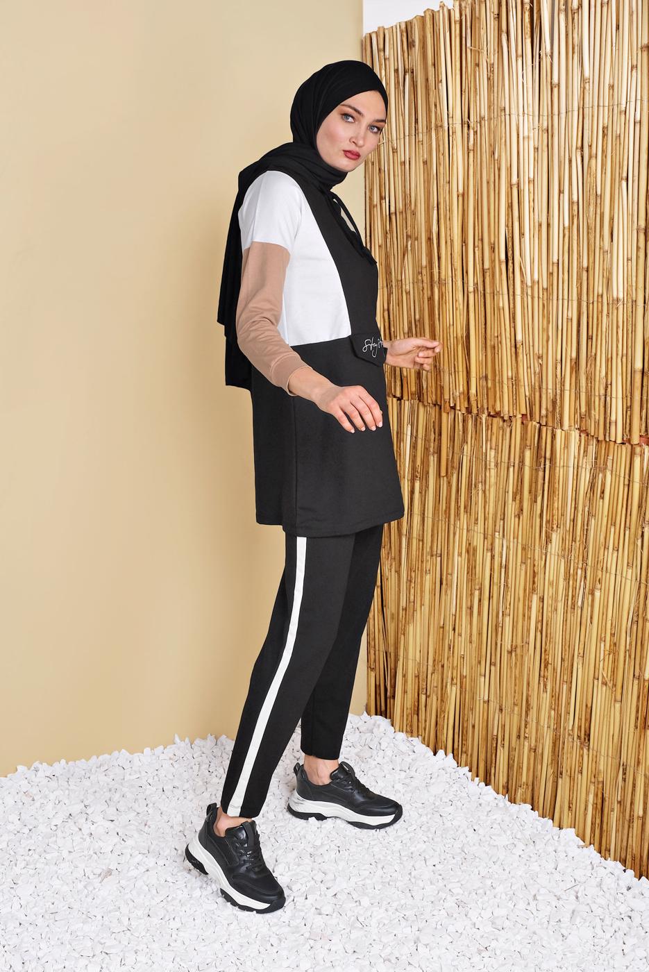 Vêtements hijab NOIR ENSEMBLE SURVÊTEMENT IMPRIMÉ AVEC PANTALON 4555