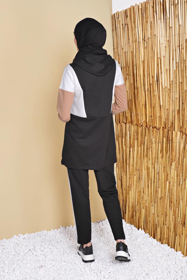 Tesettür giyim  RENKLİ YAZI DETAYLI İKİLİ PANTOLONLU EŞOFMAN TAKIMI 4555 - TRENDTESETTÜR