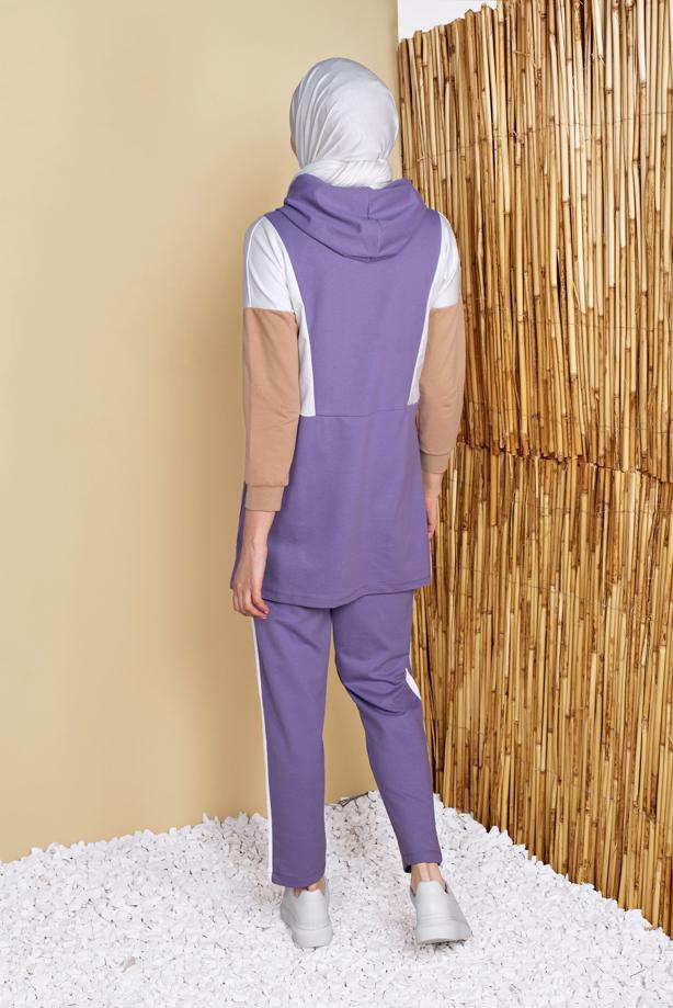 Vêtements hijab  PRINT DETAIL TRACKSUIT SET WITH PANTS 4555  - TRENDTESETTÜR