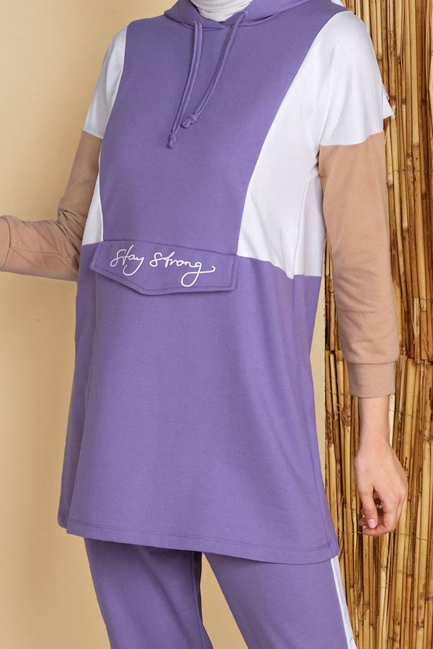 Vêtements hijab  PRINT DETAIL TRACKSUIT SET WITH PANTS 4555  - TRENDTESETTÜR