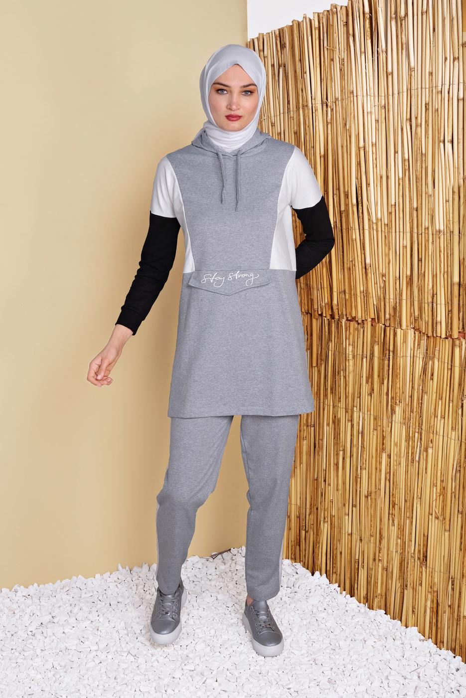 Vêtements hijab GRIS ENSEMBLE SURVÊTEMENT IMPRIMÉ AVEC PANTALON 4555