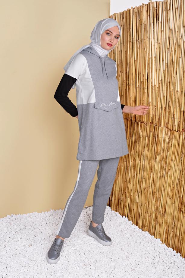 Vêtements hijab  PRINT DETAIL TRACKSUIT SET WITH PANTS 4555  - TRENDTESETTÜR