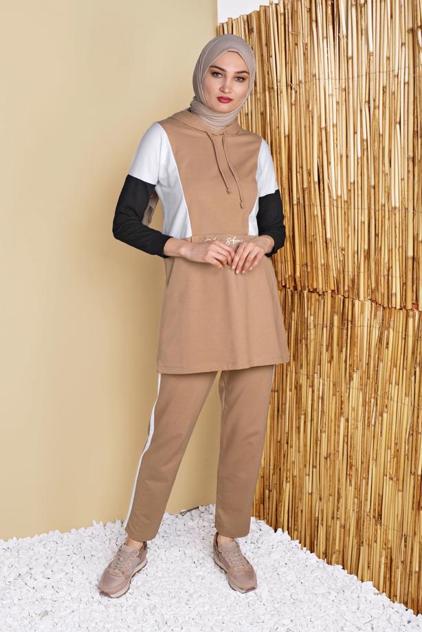 Vêtements hijab  PRINT DETAIL TRACKSUIT SET WITH PANTS 4555  - TRENDTESETTÜR