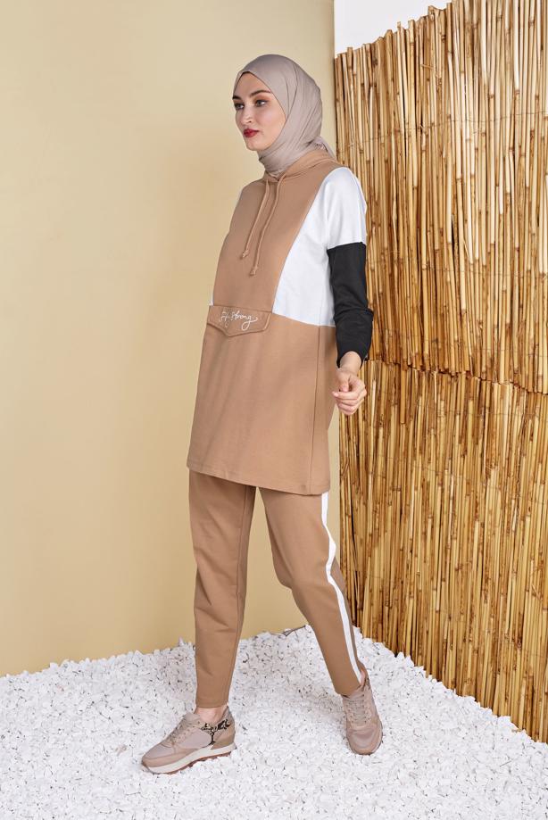 Vêtements hijab  PRINT DETAIL TRACKSUIT SET WITH PANTS 4555  - TRENDTESETTÜR