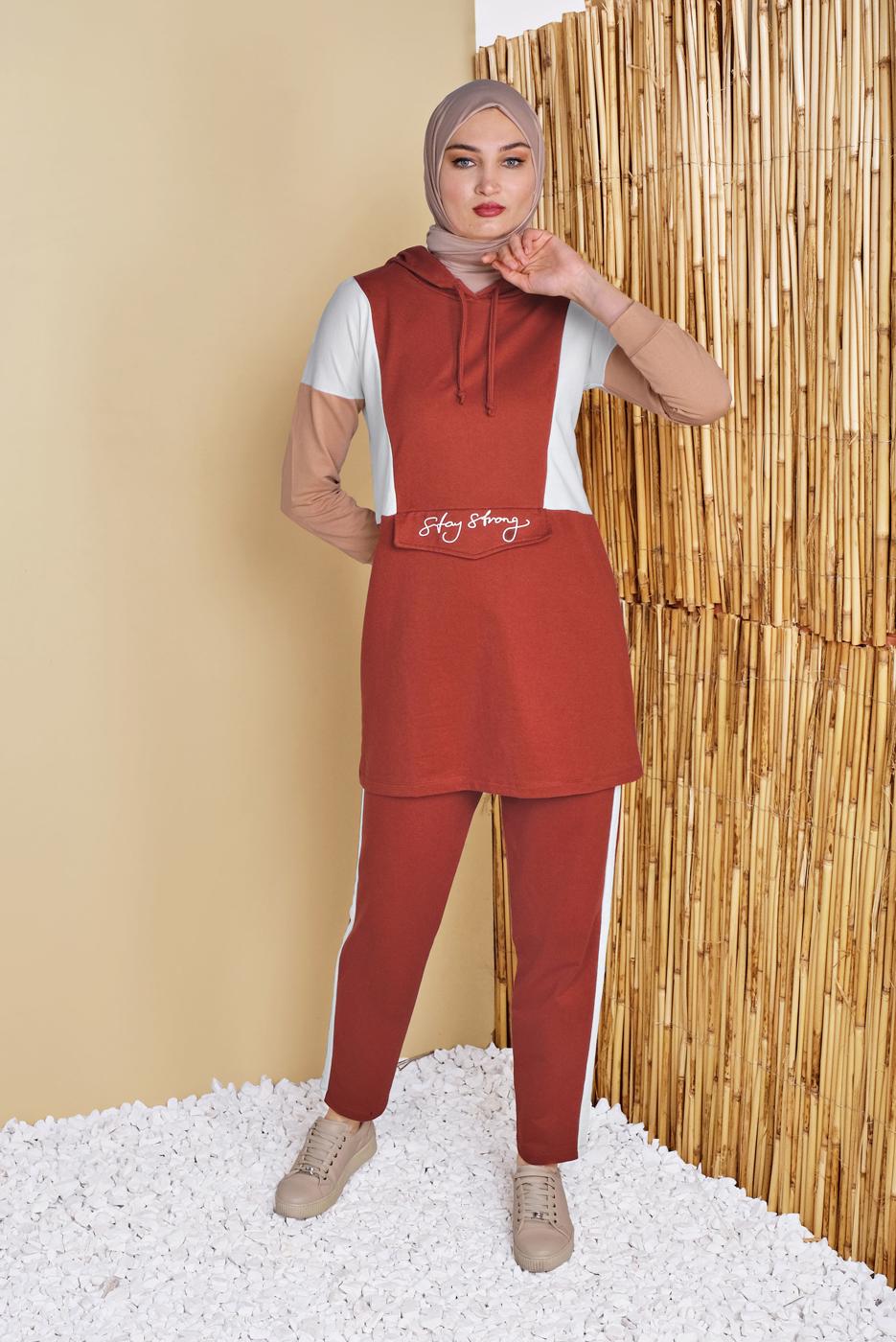 Vêtements hijab BRUN ENSEMBLE SURVÊTEMENT IMPRIMÉ AVEC PANTALON 4555